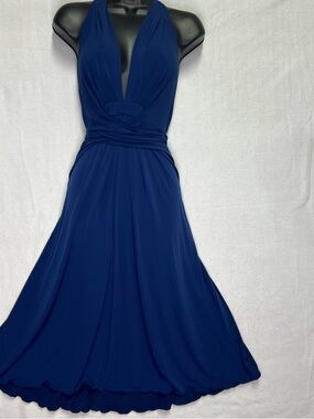 Moda International Blue Halter Dress Backless Midi Formal Y2K M model off duty